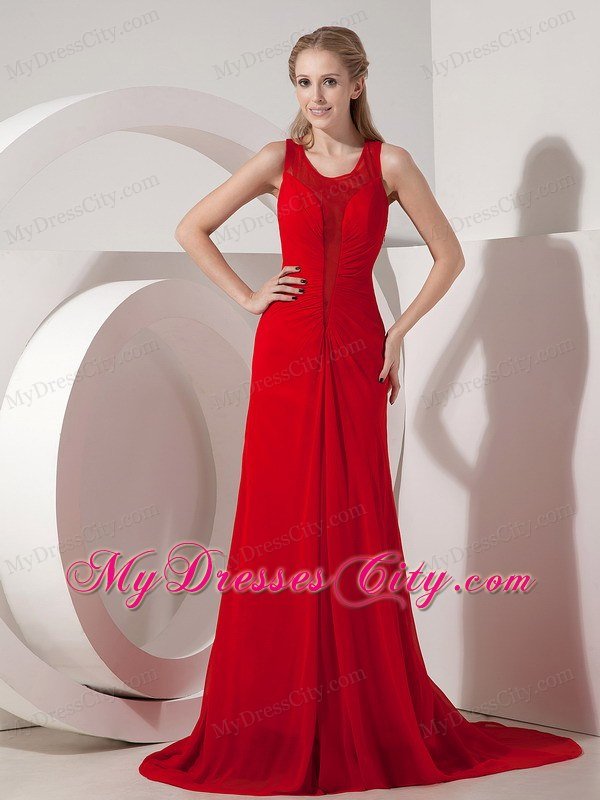 Pretty Wine Red Prom Dress with Column Scoop Chiffon Brush Train