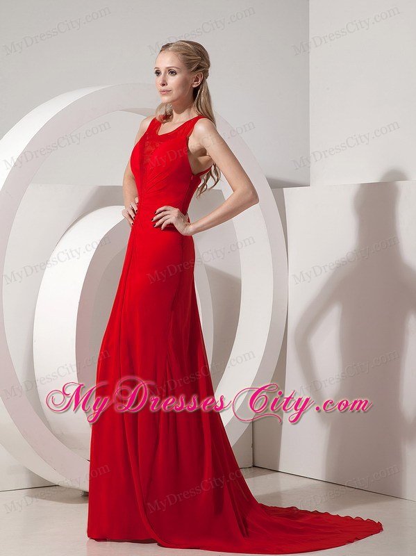 Pretty Wine Red Prom Dress with Column Scoop Chiffon Brush Train