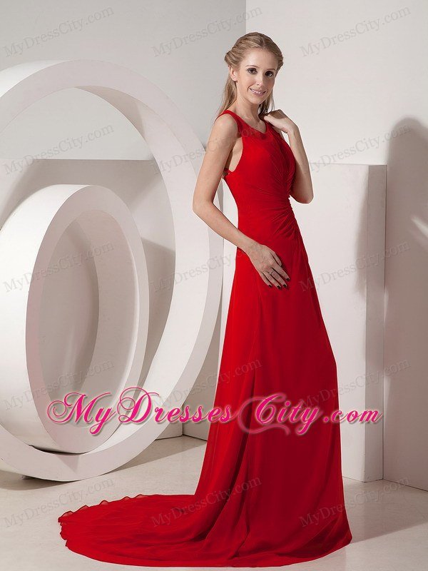 Pretty Wine Red Prom Dress with Column Scoop Chiffon Brush Train