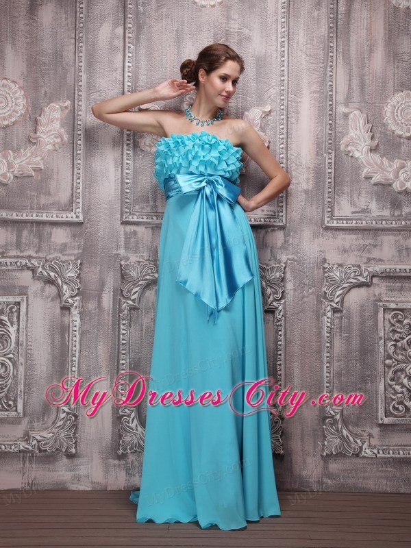 Teal Sash Ruffles Junior Prom Gown Chiffon with Floor-length for Girl