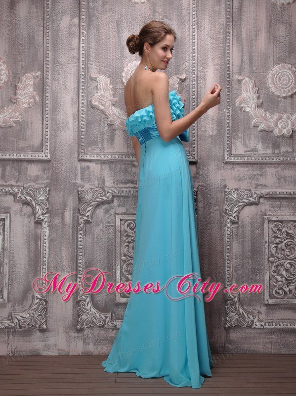 Teal Sash Ruffles Junior Prom Gown Chiffon with Floor-length for Girl