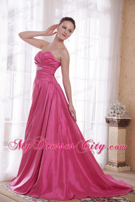 Hot Pink A-Line Beading Prom Dress with Sweetheart Court Train