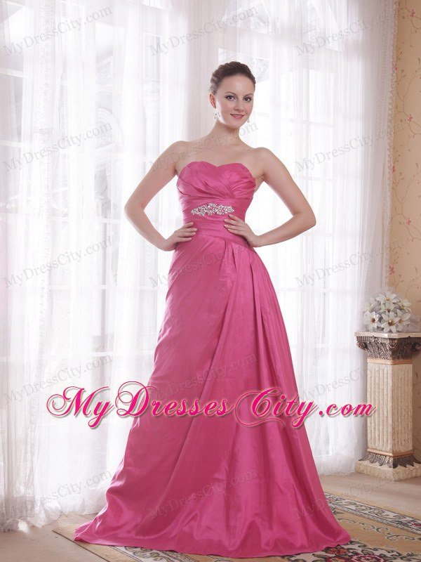 Hot Pink A-Line Beading Prom Dress with Sweetheart Court Train