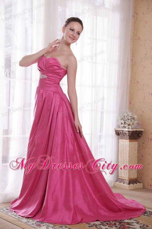 Hot Pink A-Line Beading Prom Dress with Sweetheart Court Train