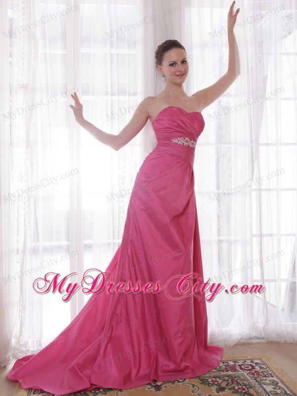 Hot Pink A-Line Beading Prom Dress with Sweetheart Court Train