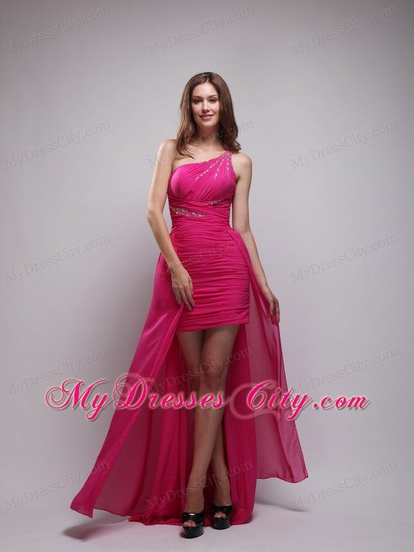 Fuchsia Asymmetrical One Shoulder High-low Ruches Prom Dress