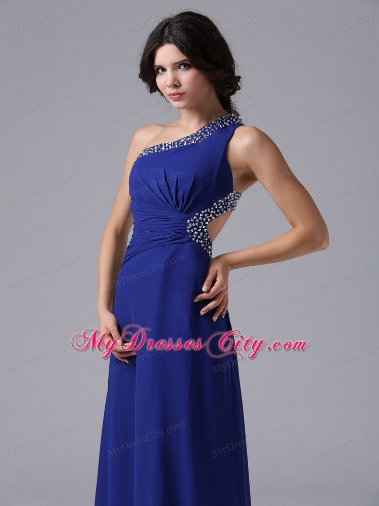 Peacock Blue One Shoulder Beading Prom Dress with Side Cut Out