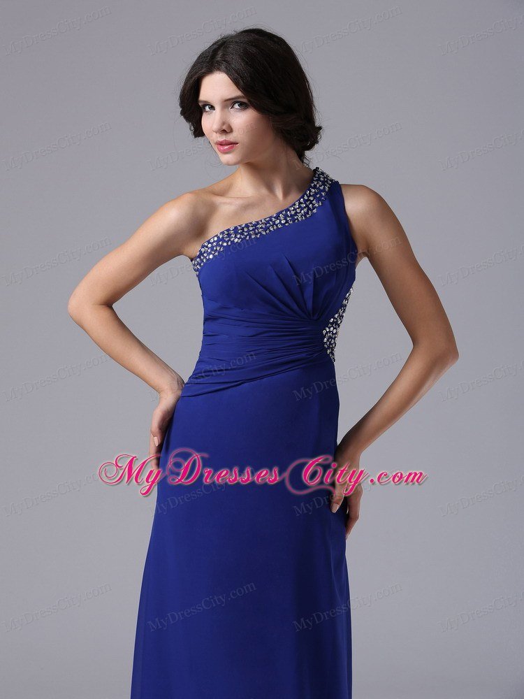 Peacock Blue One Shoulder Beading Prom Dress with Side Cut Out