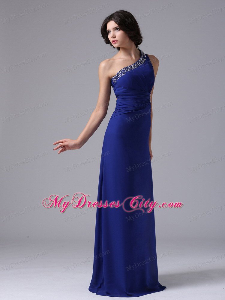 Peacock Blue One Shoulder Beading Prom Dress with Side Cut Out