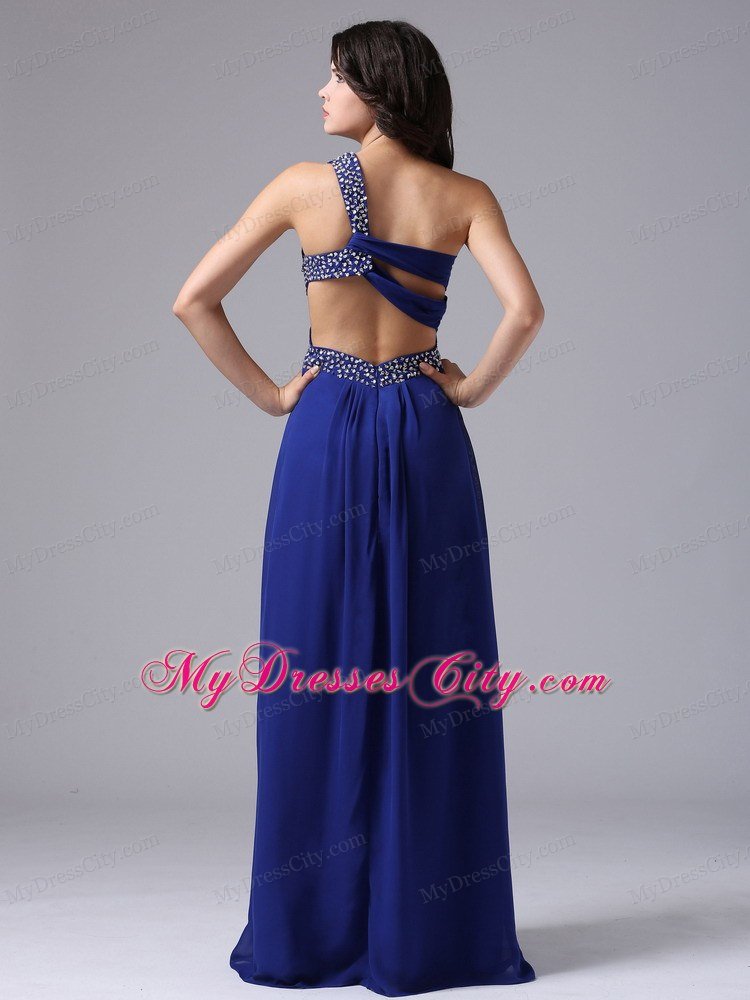 Peacock Blue One Shoulder Beading Prom Dress with Side Cut Out