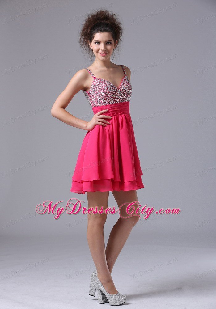 Straps Beaded Decorate Bust Short Junior Prom Dress with Chiffon