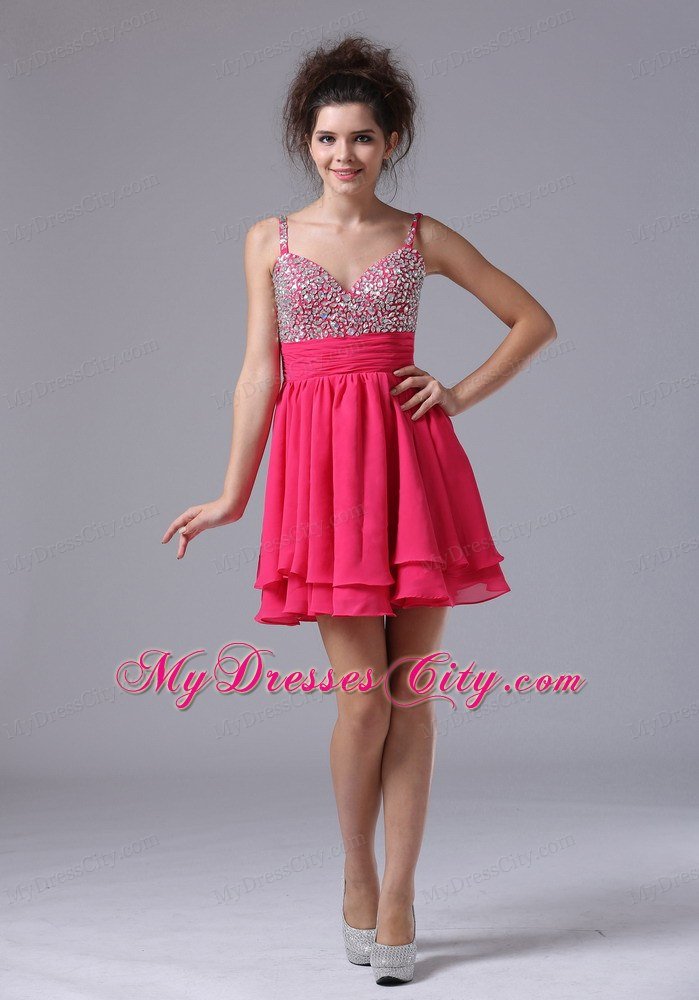 Straps Beaded Decorate Bust Short Junior Prom Dress with Chiffon