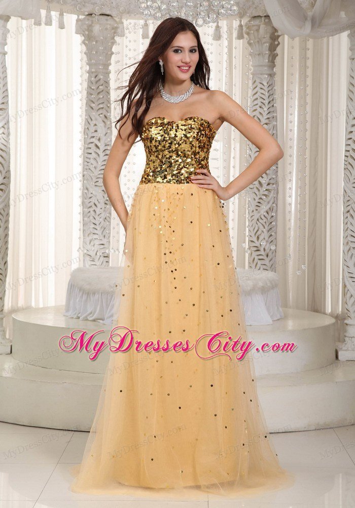 2013 Luxurious Gold Tulle Sequins Decorate Bust Dress For Prom