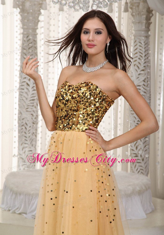 2013 Luxurious Gold Tulle Sequins Decorate Bust Dress For Prom