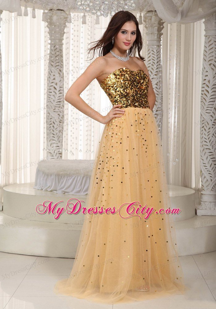 2013 Luxurious Gold Tulle Sequins Decorate Bust Dress For Prom