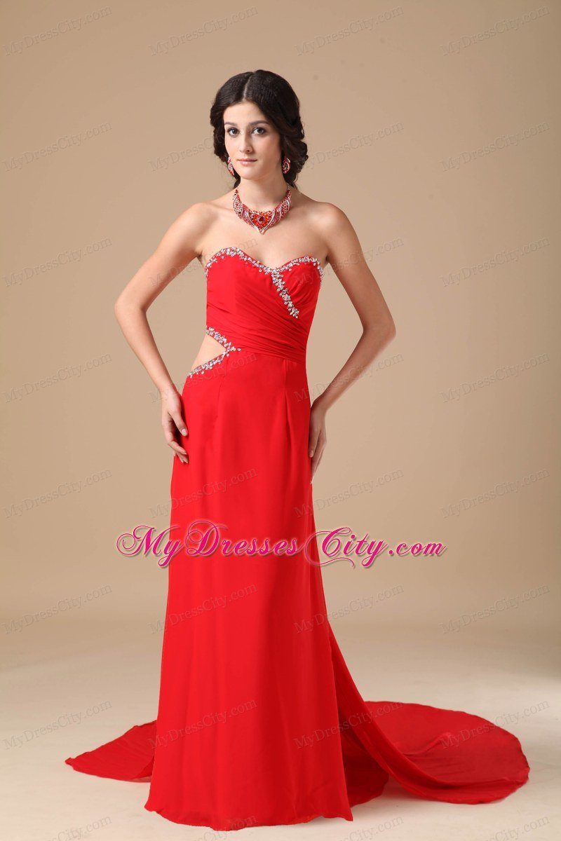 Red Column Court Train Beaded Prom Gown with Cut Out Waist