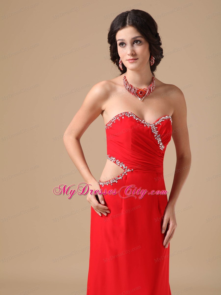 Red Column Court Train Beaded Prom Gown with Cut Out Waist