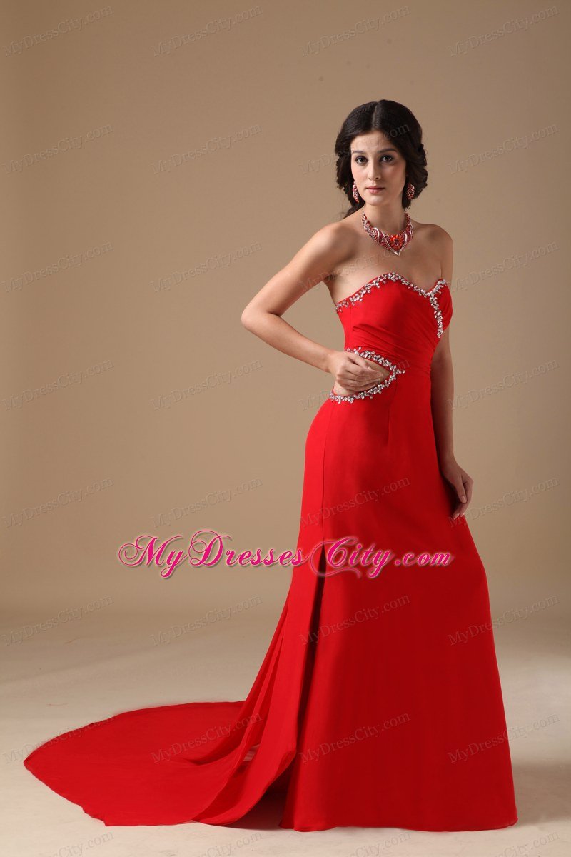 Red Column Court Train Beaded Prom Gown with Cut Out Waist