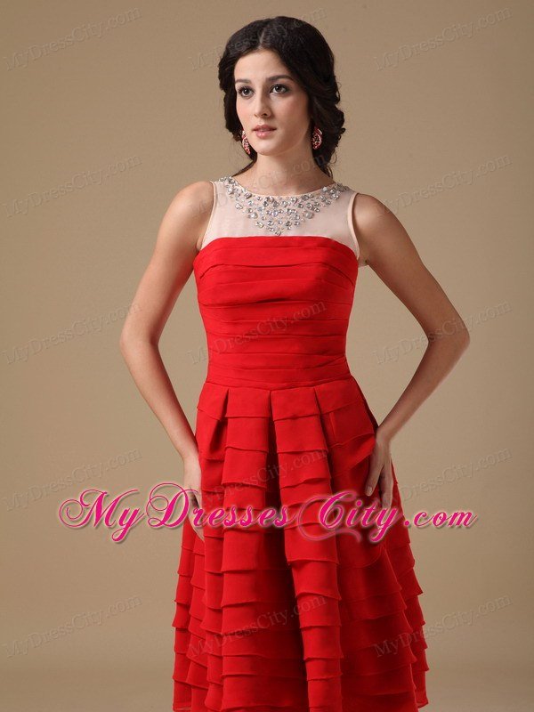 A-line Red Bateau Knee-length Ruffled Layers Short Prom Dress