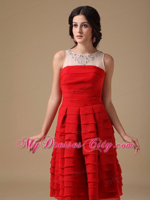 A-line Red Bateau Knee-length Ruffled Layers Short Prom Dress