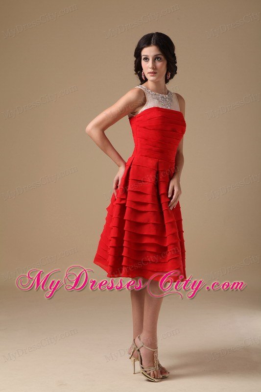 A-line Red Bateau Knee-length Ruffled Layers Short Prom Dress