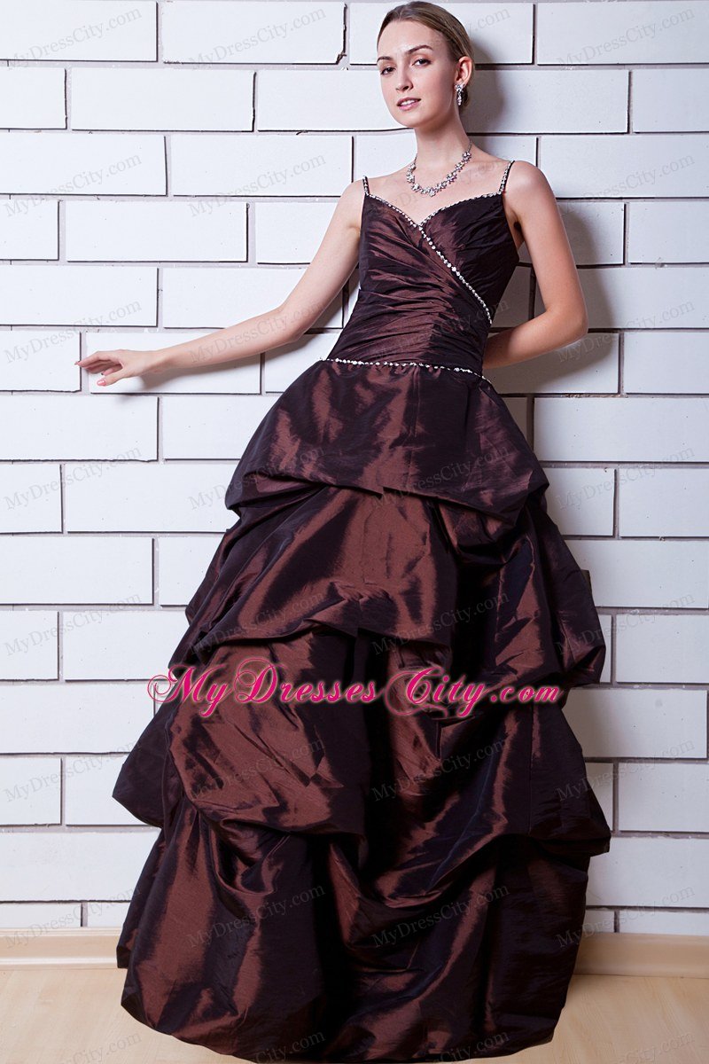 Brown Spaghetti Straps Long Prom Gown with Pick-ups Beading