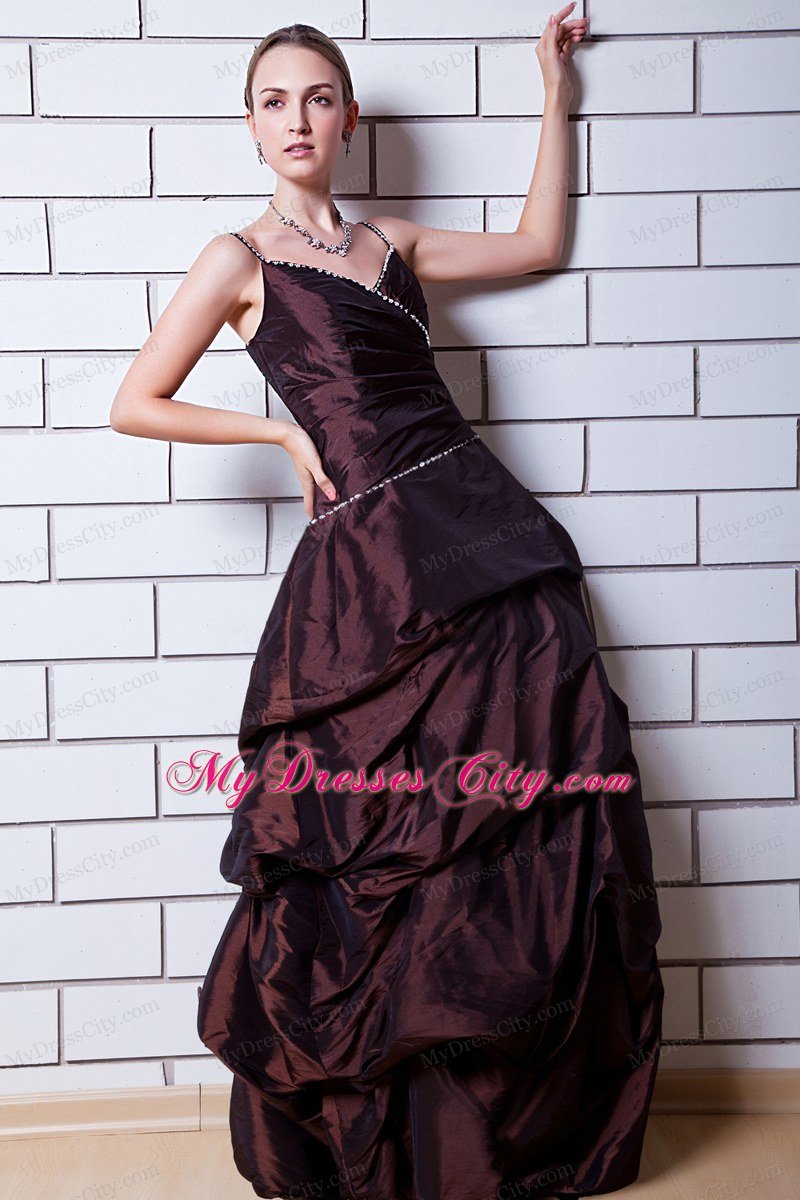 Brown Spaghetti Straps Long Prom Gown with Pick-ups Beading