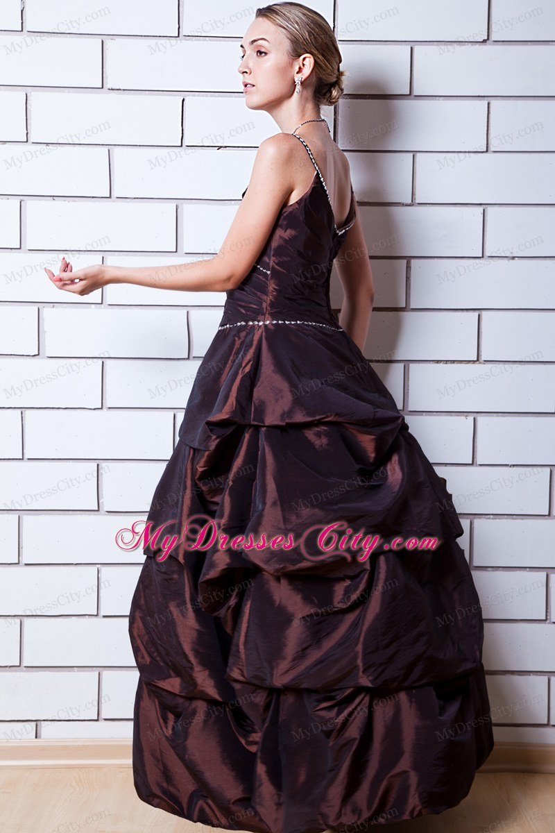 Brown Spaghetti Straps Long Prom Gown with Pick-ups Beading