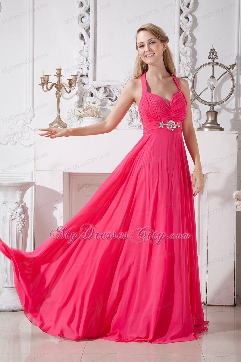 Hot Pink Halter Beaded and Ruches Chiffon Dress For Prom