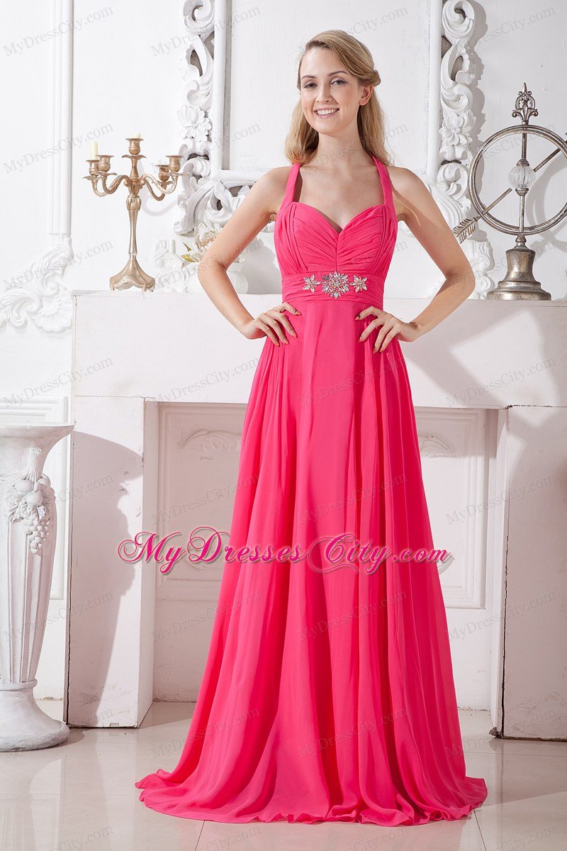 Hot Pink Halter Beaded and Ruches Chiffon Dress For Prom