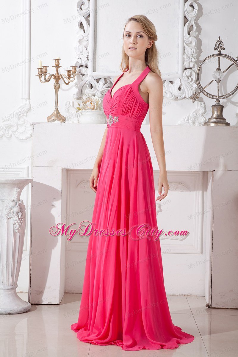 Hot Pink Halter Beaded and Ruches Chiffon Dress For Prom