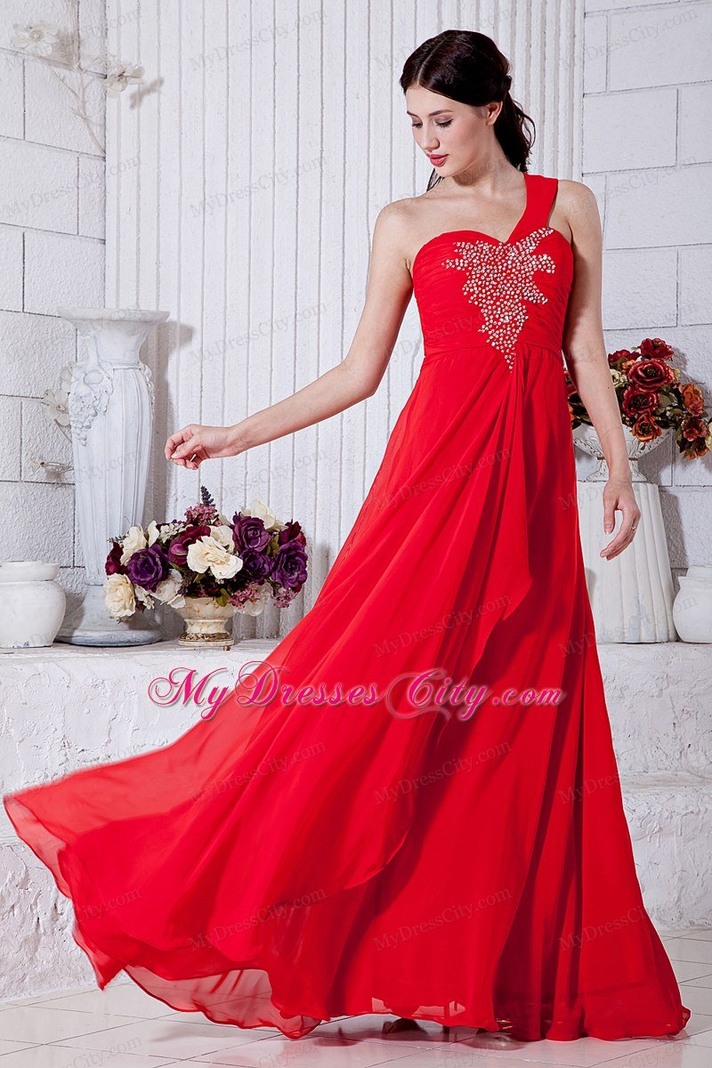 Red Empire One Shoulder Chiffon Prom Dress with Appliques