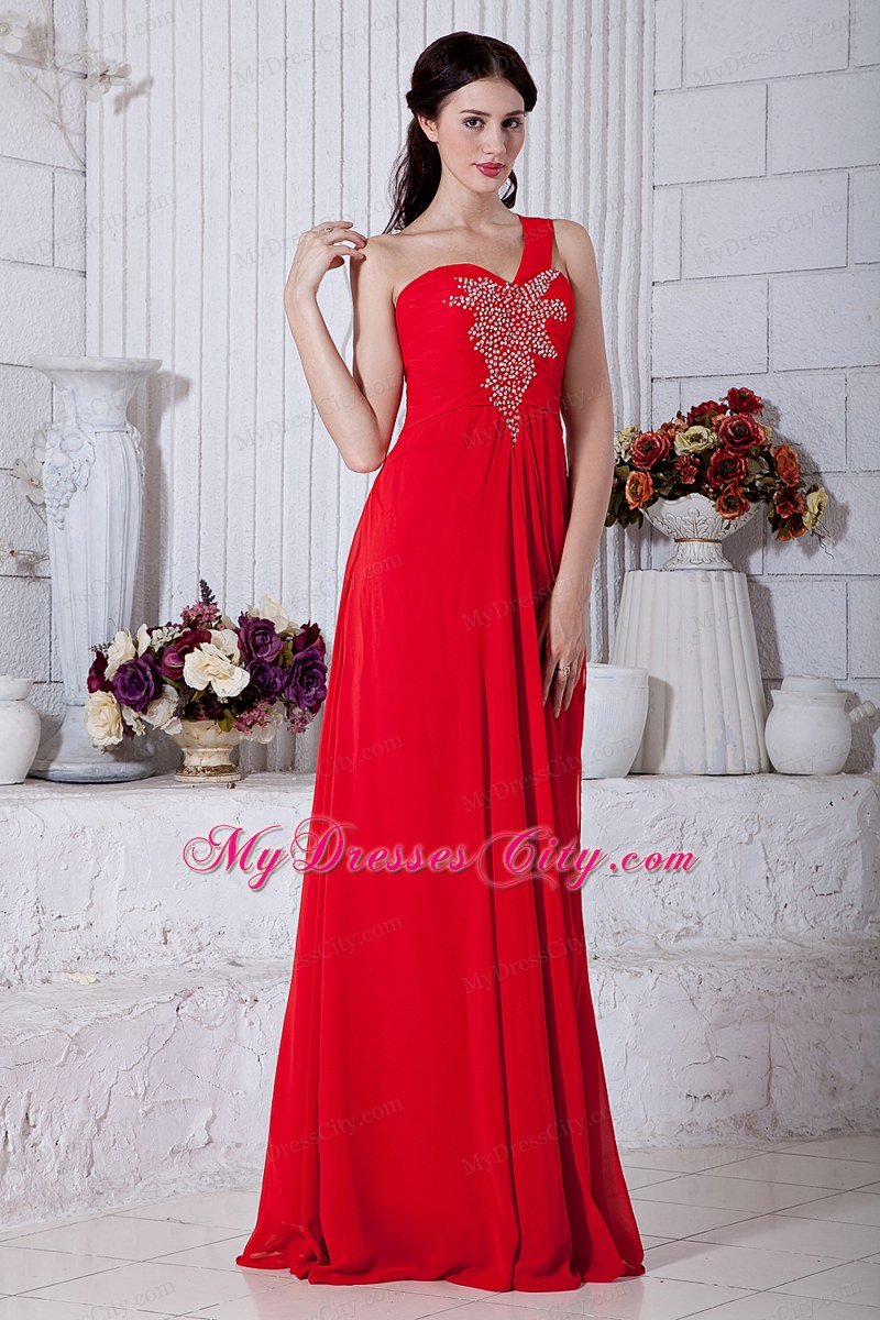 Red Empire One Shoulder Chiffon Prom Dress with Appliques