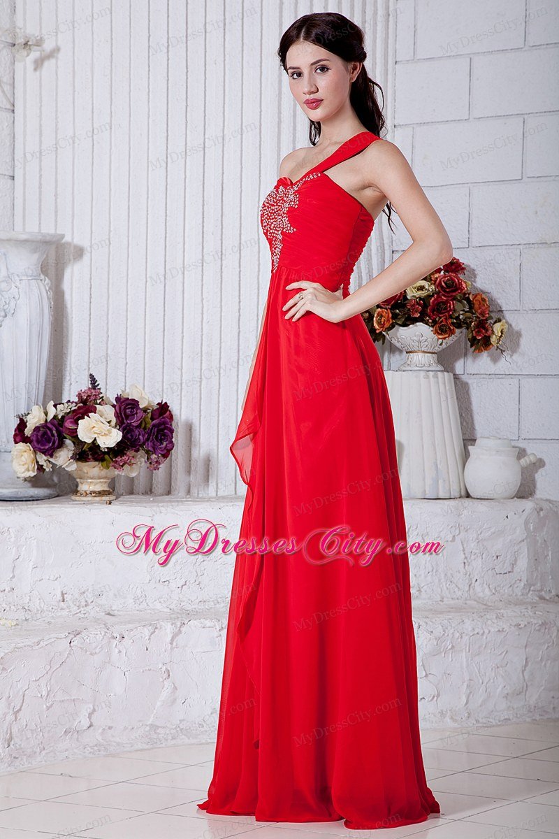 Red Empire One Shoulder Chiffon Prom Dress with Appliques