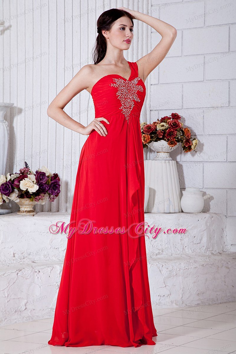 Red Empire One Shoulder Chiffon Prom Dress with Appliques