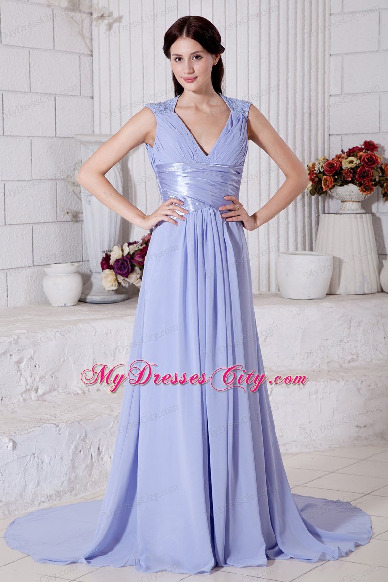 Lilac V-neck Ruches Court Train Prom Dress for Cheap 2013