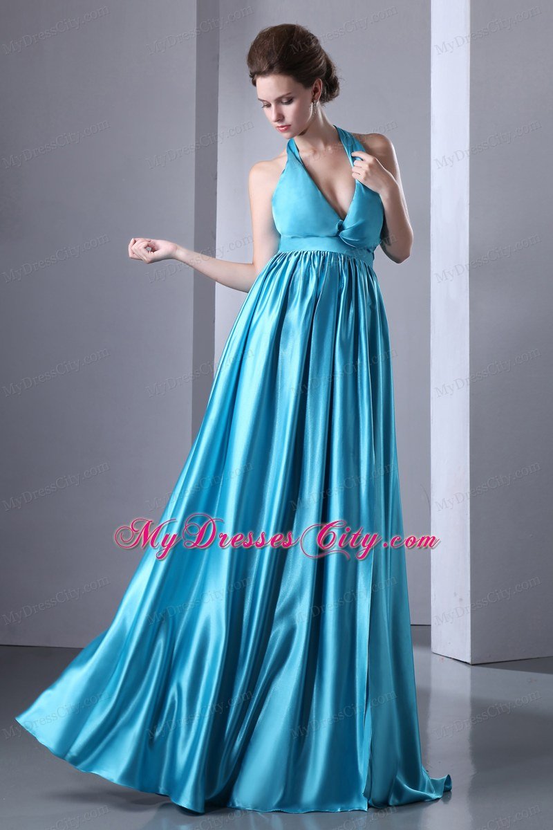 Teal Halter High Slit Ruches Prom Dress with Elastic Woven Satin