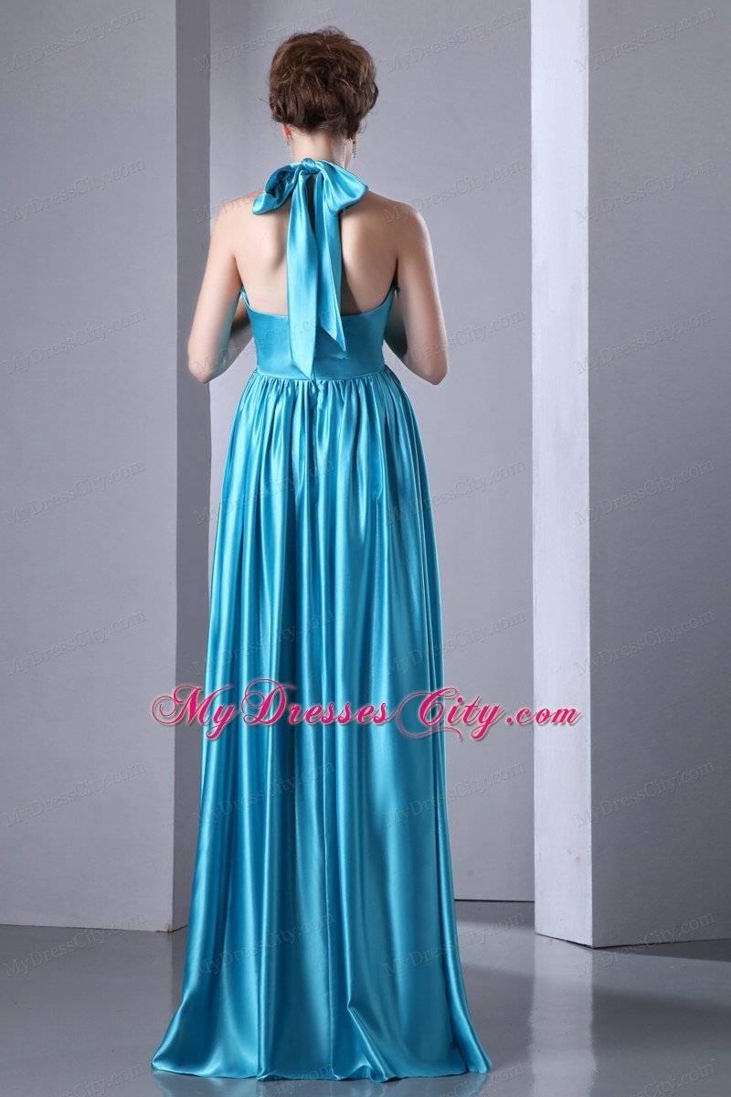 Teal Halter High Slit Ruches Prom Dress with Elastic Woven Satin