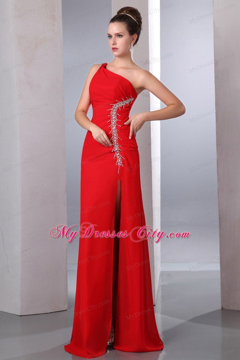 Cheap Red One Shoulder Chiffon Senior Prom Dress High Slit