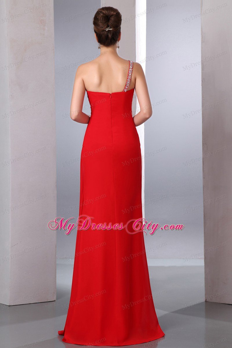 Cheap Red One Shoulder Chiffon Senior Prom Dress High Slit