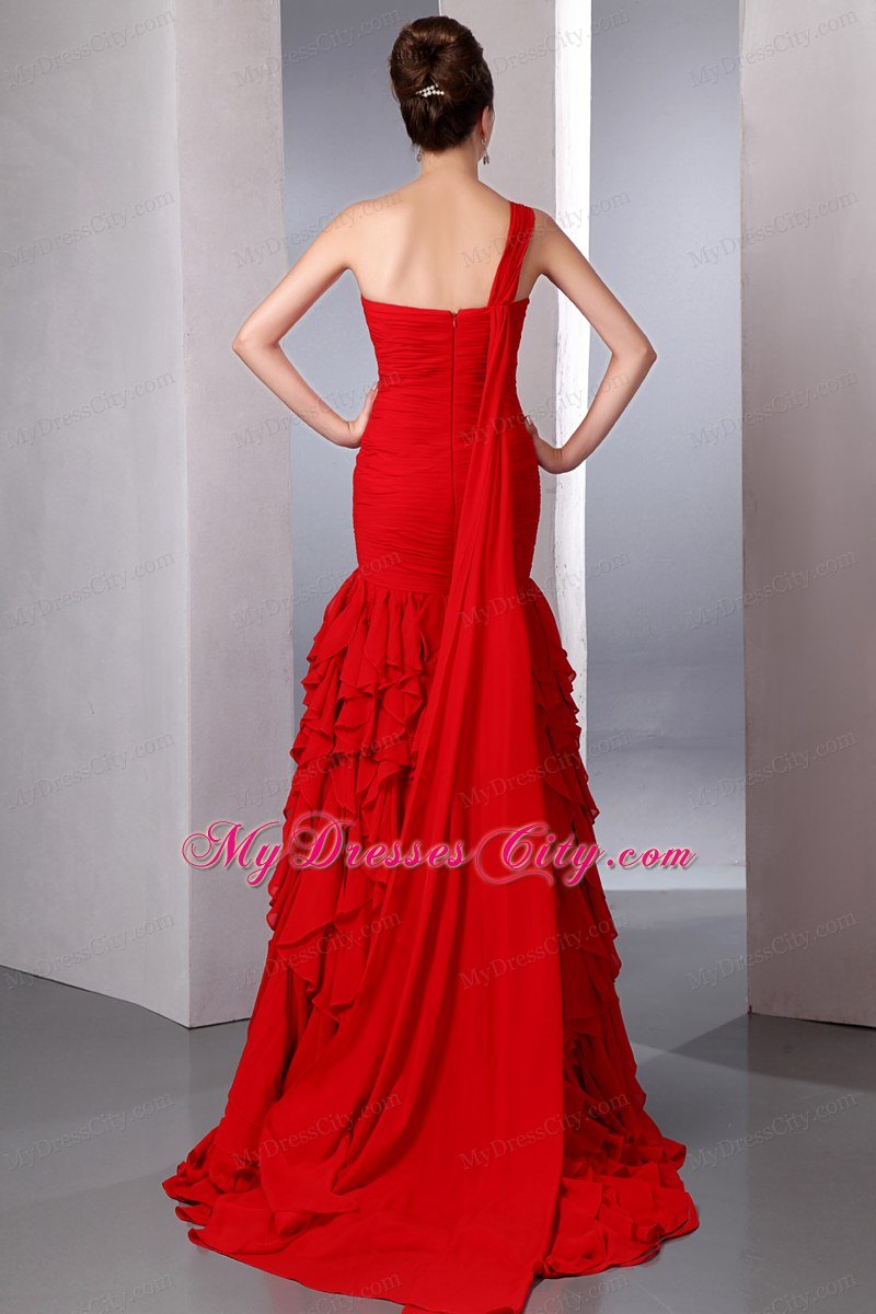 Red One Shoulder Watteau Train Ruffles 2013 Junior Prom Dress