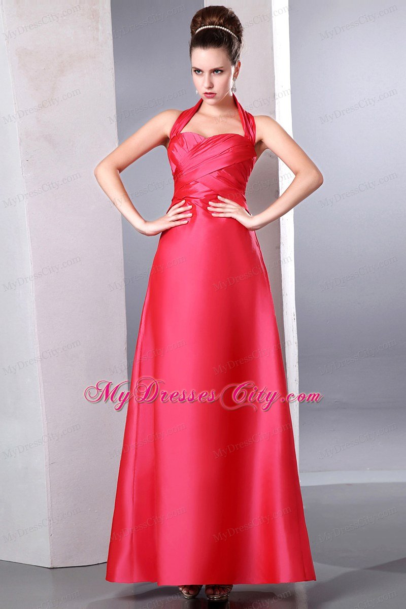 Coral Red Column Halter Ruches Satin Prom Dress on Sale