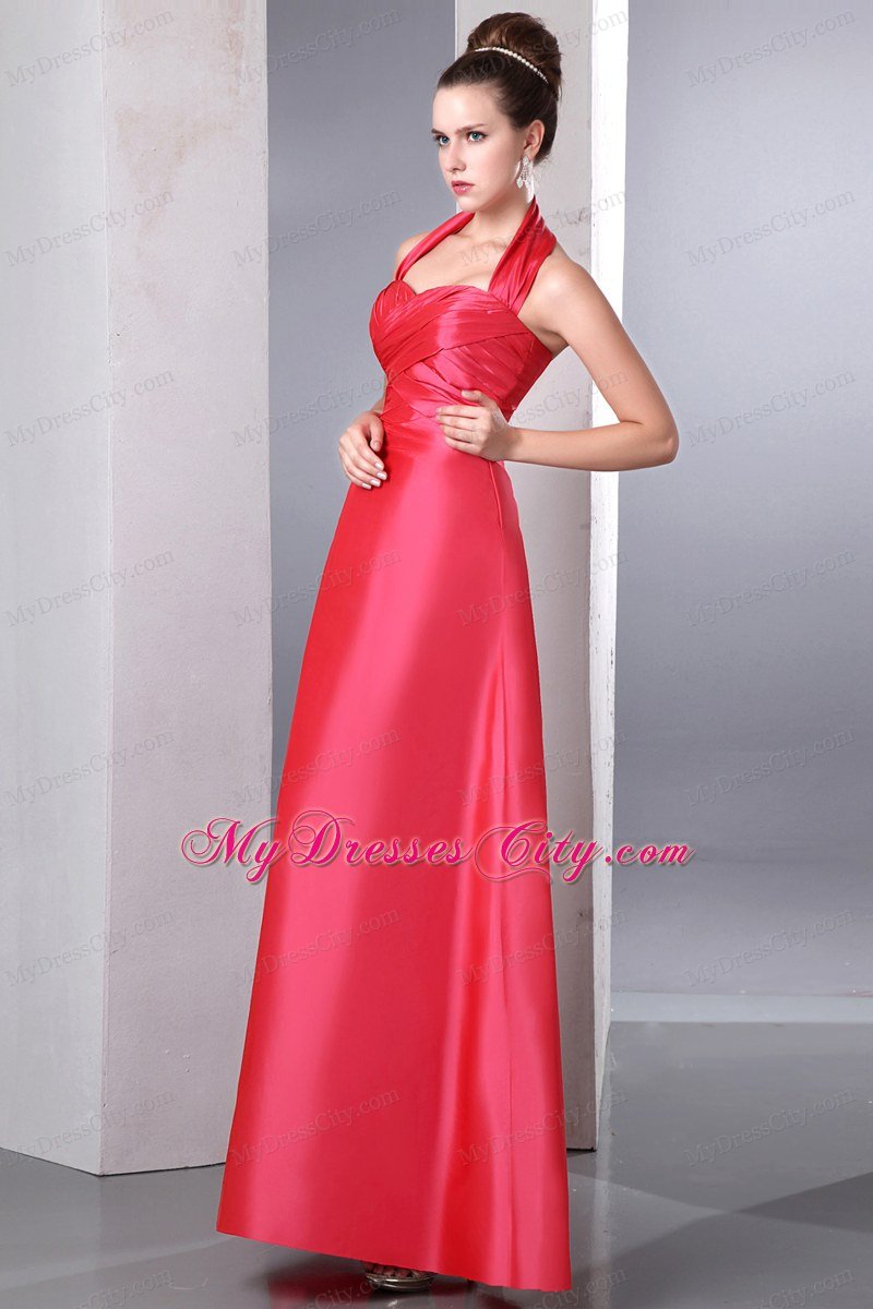 Coral Red Column Halter Ruches Satin Prom Dress on Sale