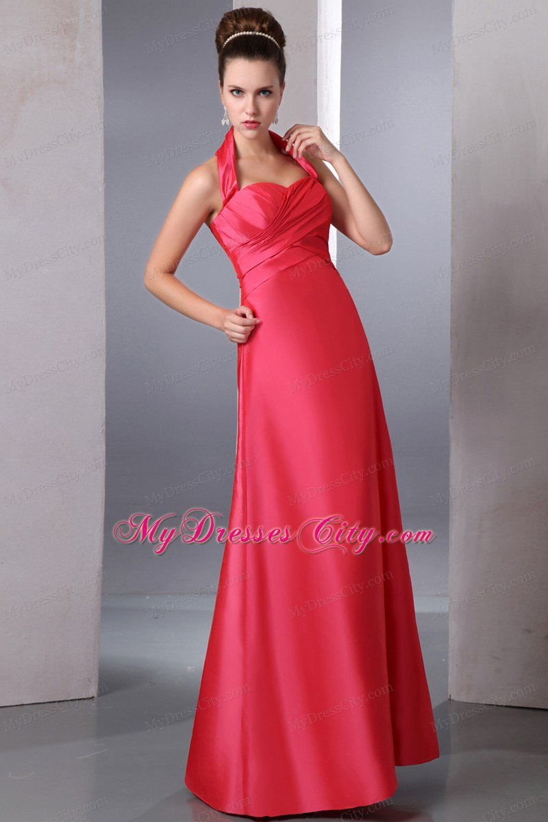 Coral Red Column Halter Ruches Satin Prom Dress on Sale