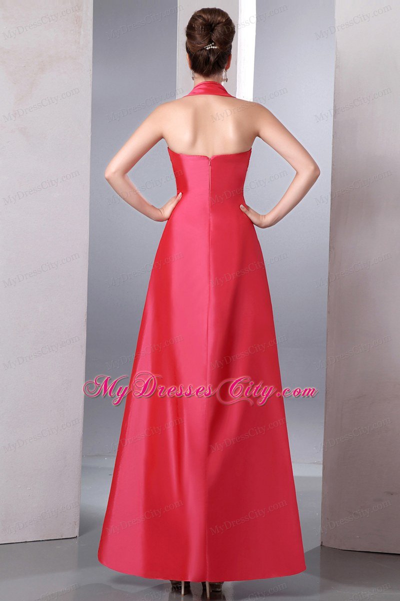 Coral Red Column Halter Ruches Satin Prom Dress on Sale