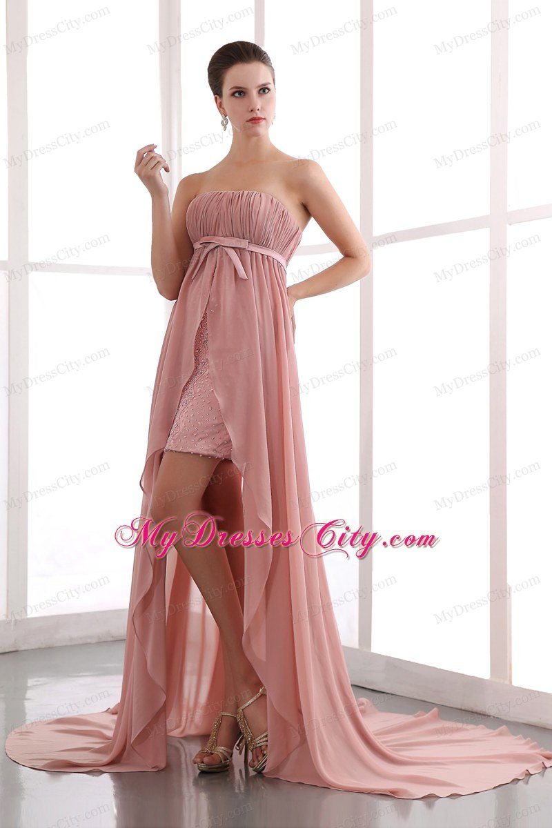 Peach Column Strapless High-low Junior Prom Dress with Court Train