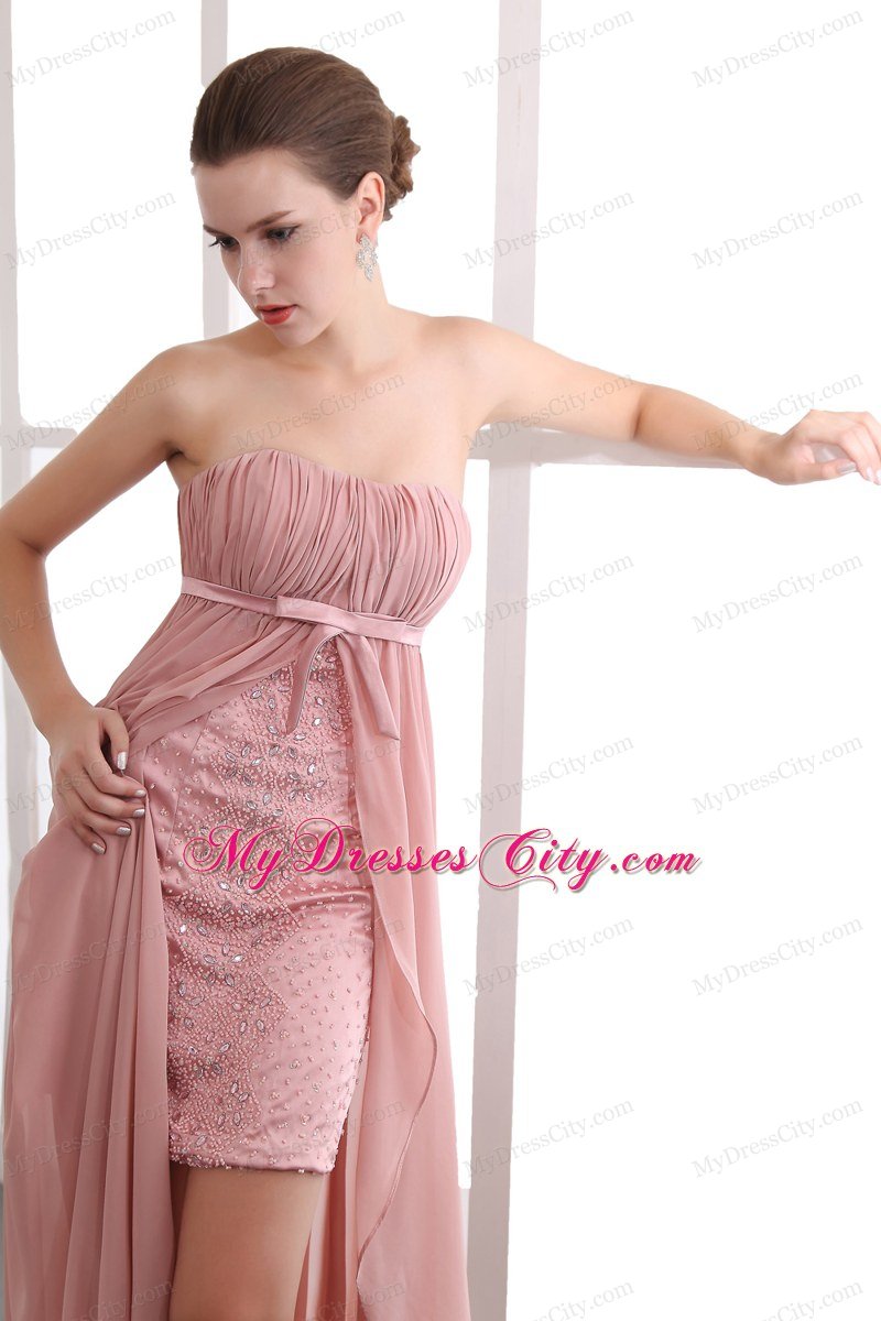 Peach Column Strapless High-low Junior Prom Dress with Court Train