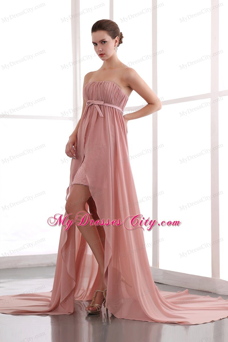 Peach Column Strapless High-low Junior Prom Dress with Court Train