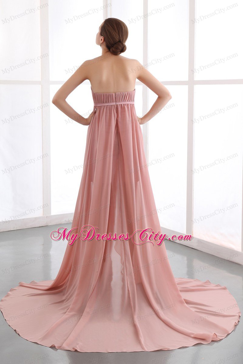 Peach Column Strapless High-low Junior Prom Dress with Court Train