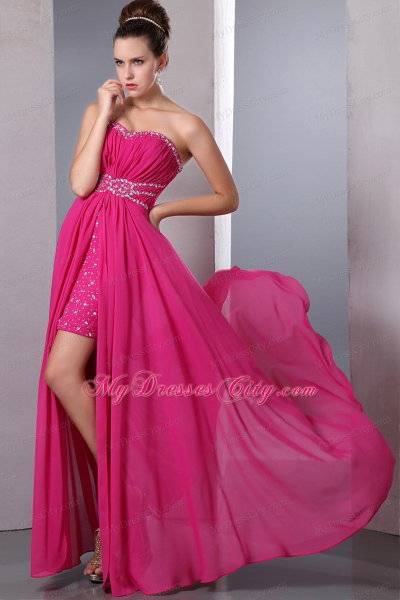 Column Sweetheart Chiffon Beading High-Low Hot Pink Prom Dress